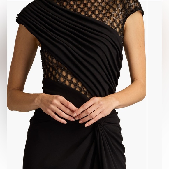 ✨NWT✨ Tadashi Shoji Jetta Peek a Boo Illusion Gown Black Cap Sleeve Maxi Dress - Picture 2 of 14